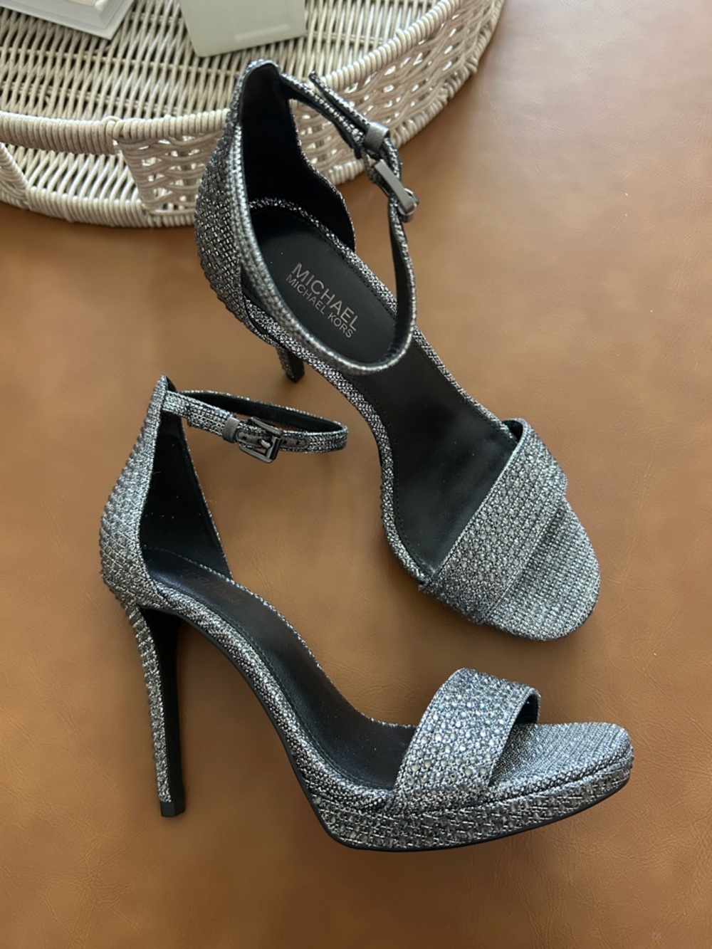 Michael Kors Gunmetal Crystal Ankle Strap Heels Sz 6.5